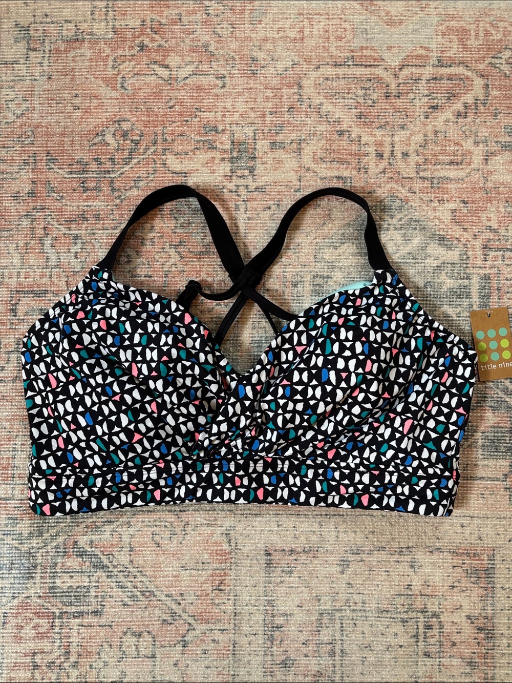 Black Patterned Women's Swim Top with Pink & Blue Accents